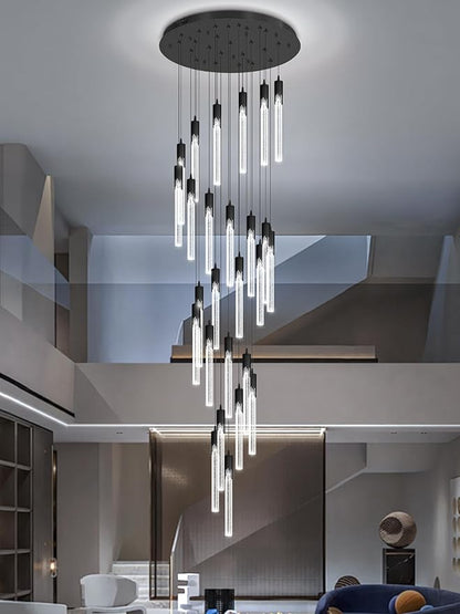 Flashing God Black 28 Lights Large Foyer Chandeliers for High Ceilings 12 feet Long Spiral Stair Pendant Chandelier Crystal Ceiling Light Fixtures Dimmable 2700k-4500k-6000k