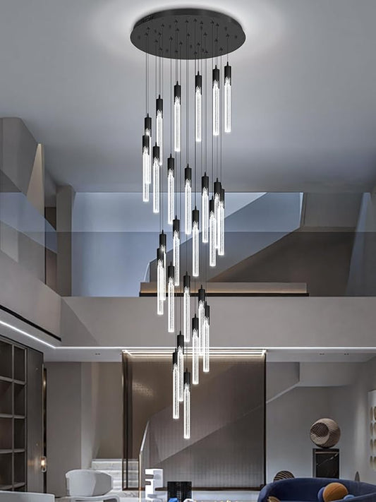 Flashing God Black 28 Lights Large Foyer Chandeliers for High Ceilings 12 feet Long Spiral Stair Pendant Chandelier Crystal Ceiling Light Fixtures Dimmable 2700k-4500k-6000k