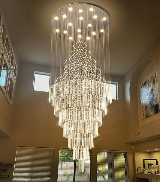 HAIXIANG W40 x H120 Glam Chandelier with LED Bulbs Crystal Raindrop High Ceiling Pendant Light for Entrance Large Villa Chandelier Foyer Lighting Fixtures Silver