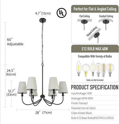 Chandelier, Matte Black with Linen Fabric Shade, 6-Light 28" Modern Farmhouse Linear Pendant Lighting Fixture for Kitchen Island (Black)