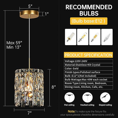 Modern K9 Crystal Pendant Lights Kitchen Island,1 Lighting Gold Chandeliers for Dining Room Light Fixtures Over Table,Hanging Chandelier for Kitchen Island Entryway Bathroom BedHead Light