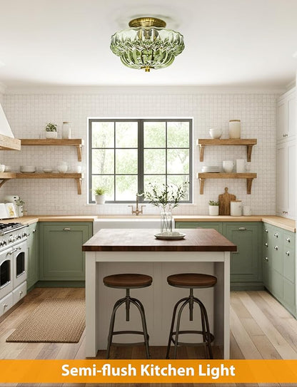 Semi Flush Mount Ceiling Light,11IN Vintage Gold Hallway Lights Fixture,3-Bulb Globe Green Glass Close to Ceiling Light for Bathroom, Hallway, Dining Room,Bulb Not Included