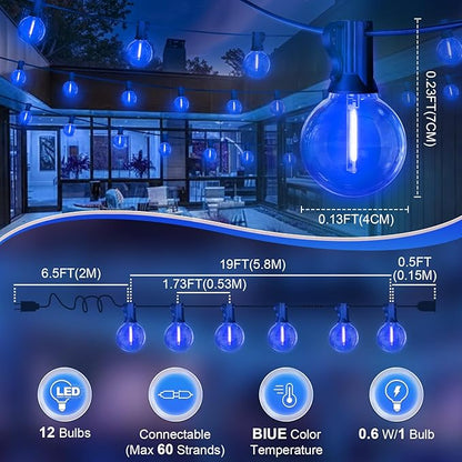 LAMPHOME Blue LED Outdoor String Lights, 26FT Patio Lights with 12+1 Shatterproof Edison Bulbs, UL Waterproof Connectable Outdoor Hanging Lights for Backyard Porch Garden Deck Balcony Decor