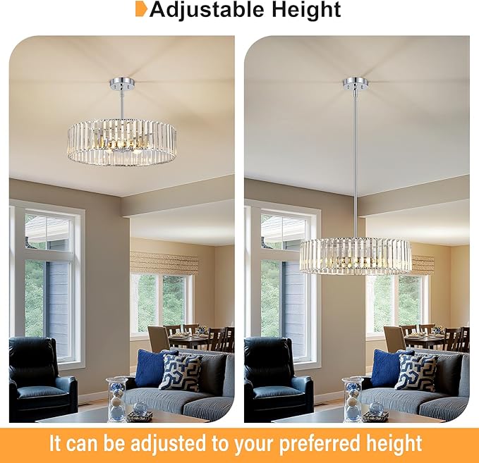 YURNYQ Chrome Crystal Ceiling Light Fixture, Modern Semi Flush Chandelier, Round Hanging Lighting Chandeliers for Dining Room, Kitchen, Bedroom, 6-Light, 19.68 Inch