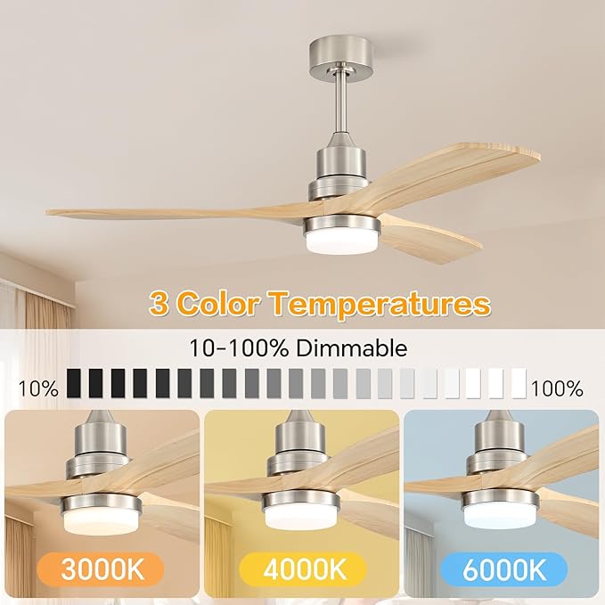Sofucor 52" Ceiling Fan with Lights and Remote Control, Indoor Outdoor Modern Wood Ceiling Fan for Farmhouse Bedroom Living Room Pation Porch, with Reversible DC Motor, 6 Speeds, 3 Color Temperature