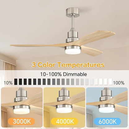 Sofucor 52" Ceiling Fan with Lights and Remote Control, Indoor Outdoor Modern Wood Ceiling Fan for Farmhouse Bedroom Living Room Pation Porch, with Reversible DC Motor, 6 Speeds, 3 Color Temperature