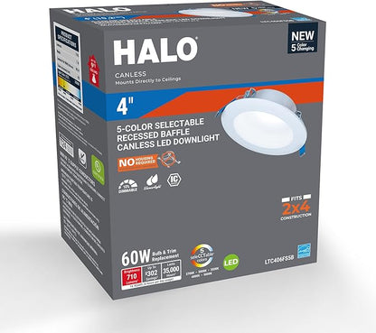 HALO LT 4 in Canless LED Recessed Light Indoor/Outdoor Dimmable Ceiling Downlight, Wet Location Rated, Selectable Color Temperature 2700K-5000K, 650 Lumens, Matte White - LTC406FS5B