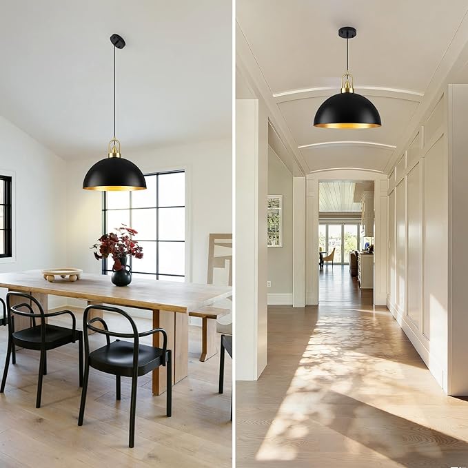 16'' Black Dome Pendant Light, Modern Farmhouse Black Pendant Light Fixture, Large Hanging Ceiling Pendant Lighting for Kitchen Island Dining Room Foyer Hallway Bar Cafe