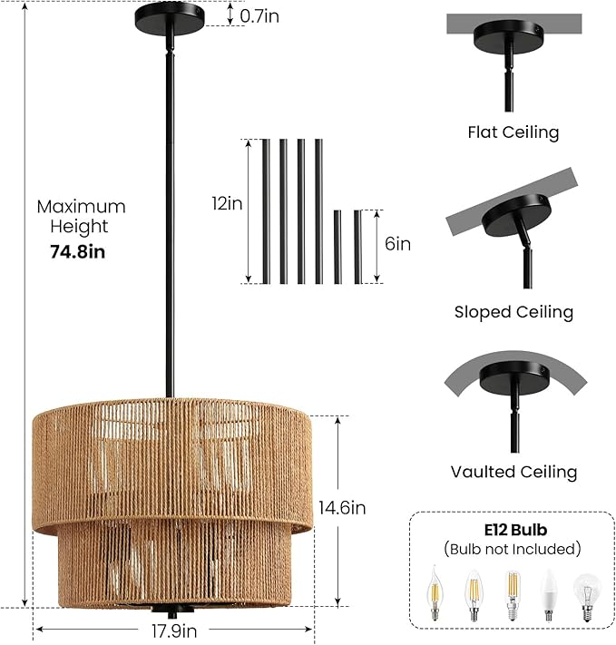 RUIYEY Rattan Chandelier Light Fixtures: 18 inch Boho Large Pendant Lights with Wicker Lampshade, E12 5 Light Height Adjustable Hand Woven Hanging Black Chandeliers for Dining Room Kitchen Living Room