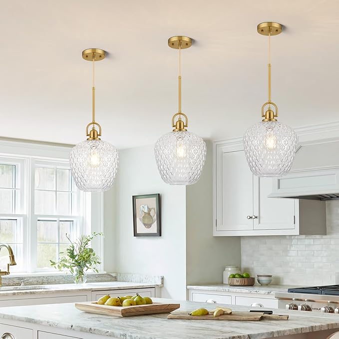Brushed Gold Pendant Lights Kitchen Island, 10" Large Glass Pendant Light with Hammered Glass, Modern Hanging Lighting Fixtures for Kitchen Island Dining Room Entryway Foyer