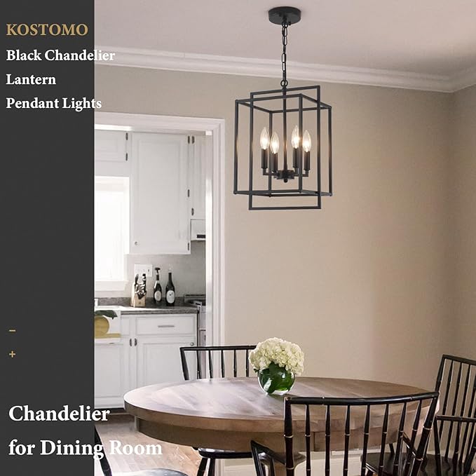 4-Light Black Farmhouse Chandelier Lantern Chandelier Light Fixture for Dining Room Kitchen Island Lighting Modern Pendant Light Fixtures for Bedroom Living Room Foyer