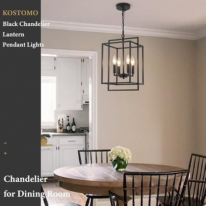 4-Light Black Farmhouse Chandelier Lantern Chandelier Light Fixture for Dining Room Kitchen Island Lighting Modern Pendant Light Fixtures for Bedroom Living Room Foyer