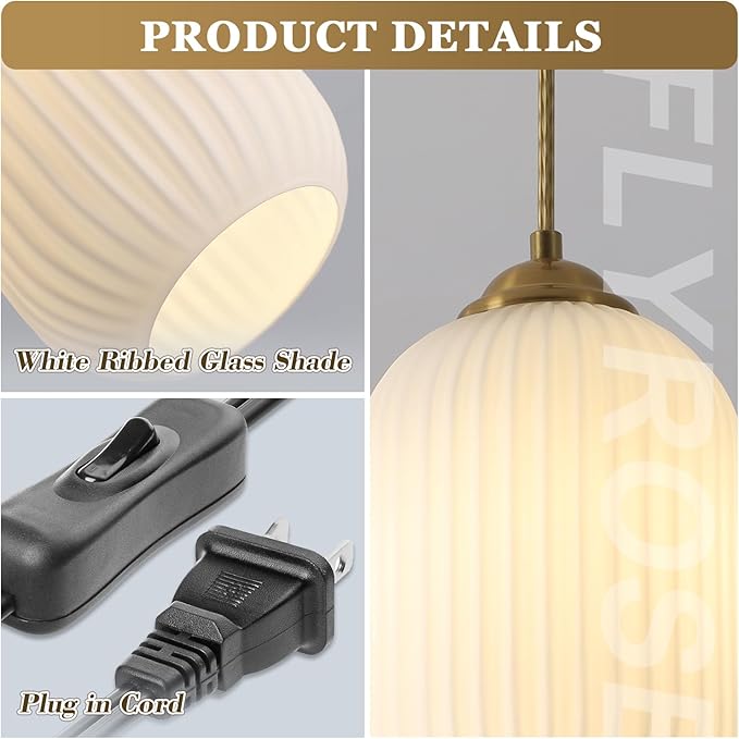 Glass Cylinder Pendant Light Antique Brass Plug in Hanging Light Fixture Vintage Gold Milk Glass Pendant Light Mid Century Modern Plug in Hanging Light