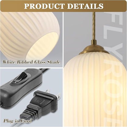 Glass Cylinder Pendant Light Antique Brass Plug in Hanging Light Fixture Vintage Gold Milk Glass Pendant Light Mid Century Modern Plug in Hanging Light
