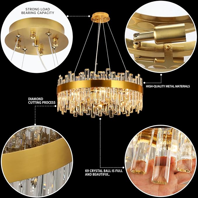 Weesalife 16 Light Gold Crystal Chandelier | Dia 24" Modern Round Crystal Chandeliers for Dining Room | Luxury Ceiling Light Fixture for Living Room | Bedroom | Entryway | Kitchen Island | Foyer