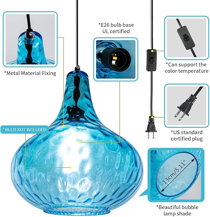 2-Pack Blue Hanging Lamp Vintage Plug in Pendant Light Fixture Globe Glass Plug in Ceilig Pendant Lamp with Cord Hammered Shade Plugin Hanging Lamp for Bedroom Dining Living Room