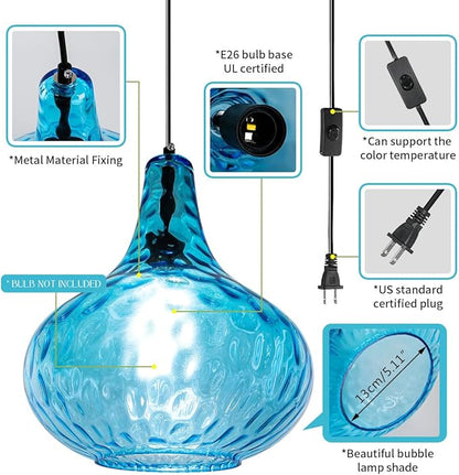 2-Pack Blue Hanging Lamp Vintage Plug in Pendant Light Fixture Globe Glass Plug in Ceilig Pendant Lamp with Cord Hammered Shade Plugin Hanging Lamp for Bedroom Dining Living Room
