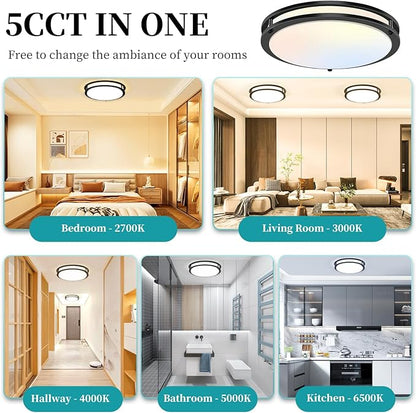 16Inch Flush Mount LED Ceiling Light Fixtures Black, 5CCT Adjustable 2700K 3000K 4000K 5000K 6500K, 4500LM Close to Ceiling Light for Kitchen, Hallway, Bathroom, Kitchen, Bedroom, 1 Pack