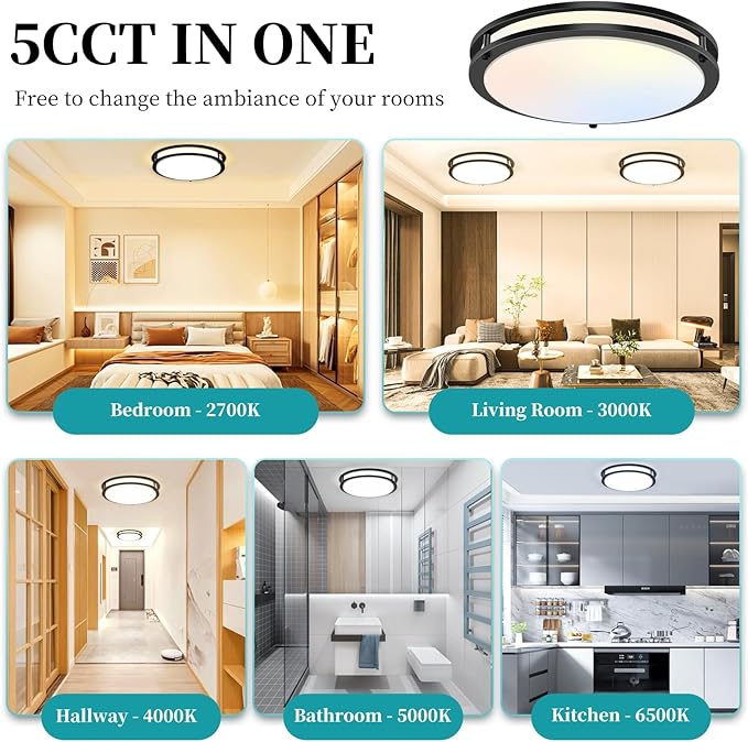 16Inch LED Ceiling Light Fixtures, Flush Mount Light Fixtures 50W, 5CCT Adjustable 2700K 3000K 4000K 5000K 6500K, Close to Ceiling Light for Kitchen Hallway Bathroom Kitchen Bedroom Black 2 Packs