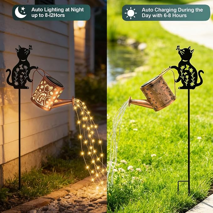 Solar Watering Can with Lights, Featuring Metal Cat Silhouette Garden Ornament Festive Gift for Women, Waterproof Outdoor Decor for Backyard Paths and Lawn(1 Pc Cat Watering Can Light)