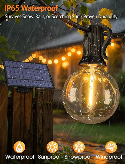 Larkvue 50FT(2x25FT) Solar String Lights Outdoor with Remote, Waterproof Dimmable 3 Modes Patio Lights with 20+2 LED G40 Bulbs for Cafe Bistro-Black