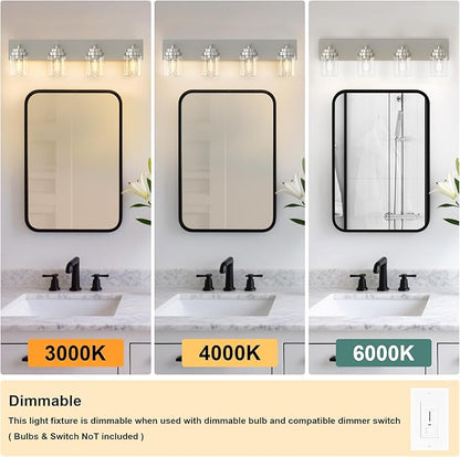 IZORRO Bathroom Vanity Light Fixture, 4-Light 30 Inch Brushed Nickel Bathroom Light Fixtures Over Mirror, with Clear Glass Shade, Modern Farmhouse Vanity Lights, Rustic Restroom Lighting Fixtures