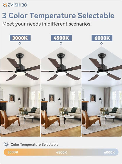 ZMISHIBO 52 inch Black Ceiling Fans with Lights and Remote, Indoor/Outdoor Modern Ceiling Fan for Bedroom Living Room Patio, 6 Speed Reversible Quiet DC Motor, 3 CCT, Dual Finish Blades