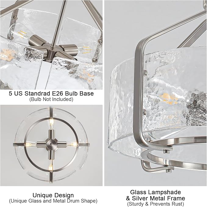 Luupyia 17.7 Inches Glass Drum Chandelier, 4Lights Modern Glass Chandeliers, Height Adjustable Nickel Drum Crystal Chandeliers Pendant Light Dining Room Kitchen Entryway Chandelier for Foyer