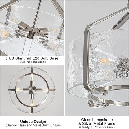 Luupyia 17.7 Inches Glass Drum Chandelier, 4Lights Modern Glass Chandeliers, Height Adjustable Nickel Drum Crystal Chandeliers Pendant Light Dining Room Kitchen Entryway Chandelier for Foyer