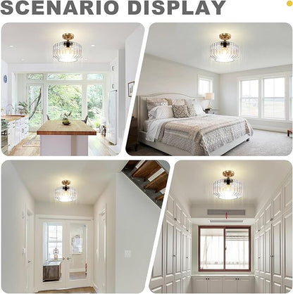 Clear Glass Ceiling Light, Vintage Seeded Glass Flush Mount Fixture with Ribbed Shade, Farmhouse Lighting for Kitchen, Living Room, Bedroom, Entryway, Bathroom