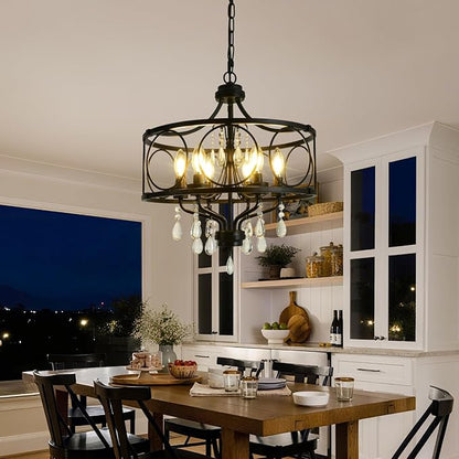 6-Light Modern Black Crystal Chandelier, Farmhouse Ceiling Light Fixture, Hanging Metal Pendant Lights Kitchen Island Dining Room Entryway Foyer