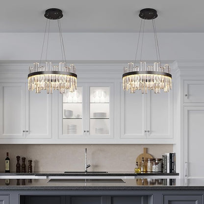 Black Led Modern Crystal Chandelier: 19.7" Round Contemporary 3 Color Dimmable Dining Room Light Fixture over Table - Adjustable Lighting Chandeliers for Bedroom Living Kitchen Island Entryway Foyer