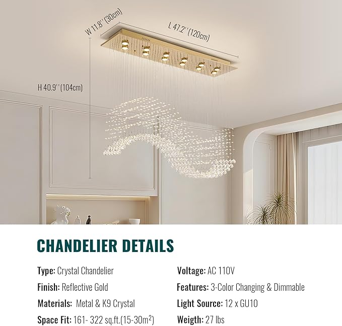 Siljoy 12-Lights Modern Crystal Chandeliers, Luxury Wave Raindrop Crystal Pedant Light Fixture, Rectangular Flush Mount Ceiling Light for Dining Room Living Room Kitchen Island 47 Inch