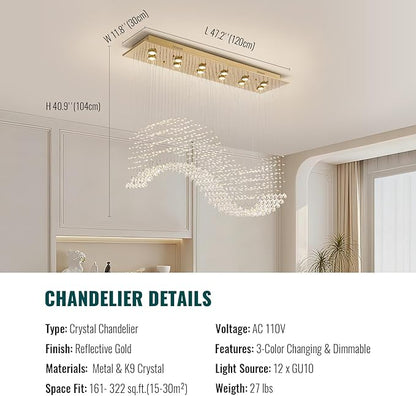 Siljoy 12-Lights Modern Crystal Chandeliers, Luxury Wave Raindrop Crystal Pedant Light Fixture, Rectangular Flush Mount Ceiling Light for Dining Room Living Room Kitchen Island 47 Inch
