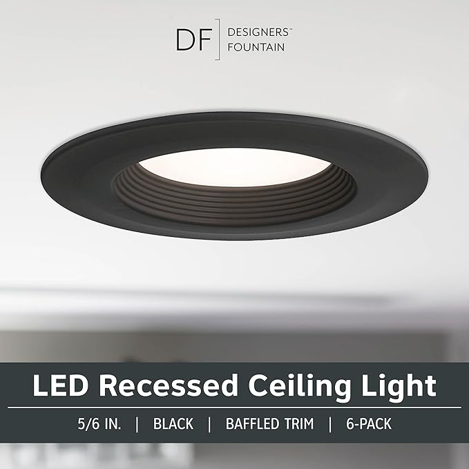 Designers Fountain LED Recessed Ceiling Lights 6 Pack, 5/6 Inch 5CCT Metal Light Fixture Set, Dimmable, 1050 Lumens, 2700K/3000K/3500K/4000K/5000K, Black Trim, RB6BK9105C6