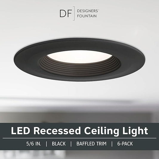Designers Fountain LED Recessed Ceiling Lights 6 Pack, 5/6 Inch 5CCT Metal Light Fixture Set, Dimmable, 1050 Lumens, 2700K/3000K/3500K/4000K/5000K, Black Trim, RB6BK9105C6