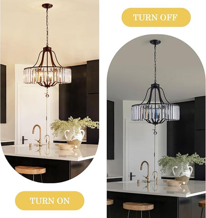 Black Crystal Chandelier 6-Light Modern Farmhouse Dining Room Light Fixtures Over Table Round Large Hanging Light for Living Room Kitchen Hallway Bedroom Foyer 21.7 Inch