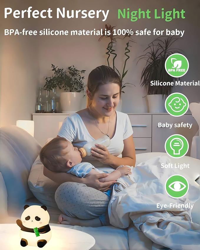 Panda Night Light Squishy, 50Hrs Battery Kids Nightlight, Tap Control 2 Brightness, 30Min Auto-Off, Rechargeable Bedside Lamp for Nursery Toddlers, [Mothers Day Gifts]