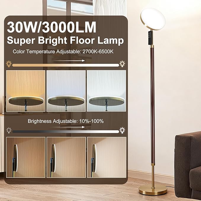 Wood Floor Lamp 30W 3000Lm Super Bright LED Wooden Floor Lamp, Remote Control 69" Tall Standing Lamp Stepless Dimming & Color Temperature Adjustable, Modern Torchiere Lamp for Bedroom, Office Walnut