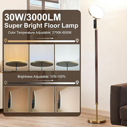 Wood Floor Lamp 30W 3000Lm Super Bright LED Wooden Floor Lamp, Remote Control 69" Tall Standing Lamp Stepless Dimming & Color Temperature Adjustable, Modern Torchiere Lamp for Bedroom, Office Walnut