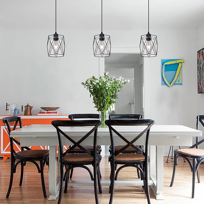 Black Pendant Light Over Table Cage Blown Clear Seeded Glass Farmhouse Hanging Light Fixture Industrial Adjustable Cord for Kitchen Island Dining Room Above Sink