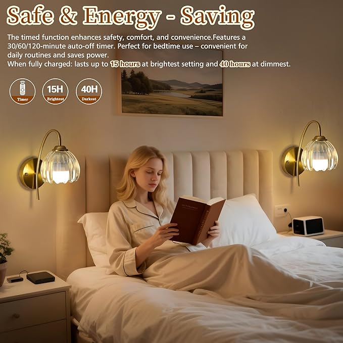 Wireless Wall Sconce with Flower lampshade, Battery Operated Wall Lights,Wall lamp with 15 Colors for Bedroom Living Room Home Decor (Clear-Tulip, 2 Light Battery Operated)