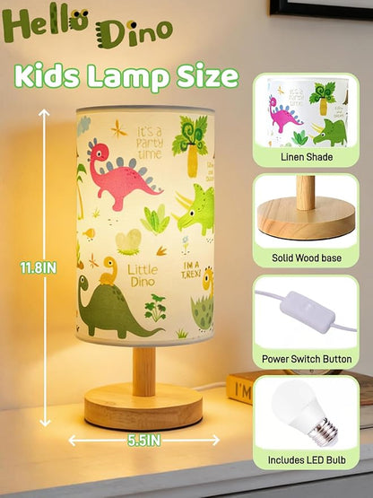 Dinosaur Lamp, Dinosaur Room Decor for Kids Bedroom, 3 Color Dimmable Reading Bedside/Desk Nightlight with Linen Shade and Wood Base for Bedroom Living Room, Practical Gifts for Dino Fans Boys