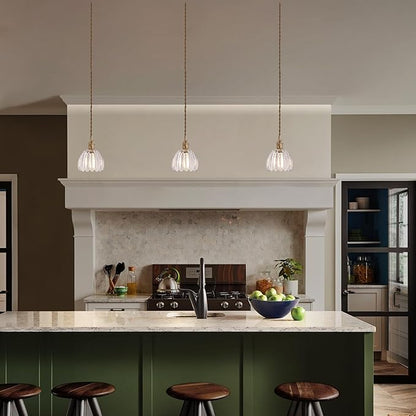 Shenmoyl Pendant Light with Clear Tulip Glass Lmapshade, Brass Vintage Pendant Light Adjustable Hanging Light for Kitchen Island Dining Room Hallway
