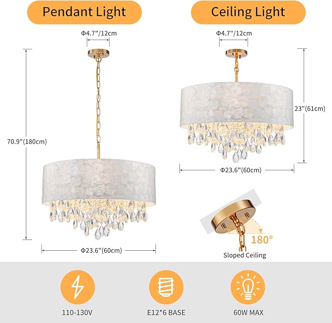 LumFurn X-Large 6-Light Drum Capiz Shell Crystal Chandeliers, Coastal Style Pendant Light Fixture for Dining Room, Living Room, D24 x H23~71 inch(Adjustable), Shell Lampshade & Gold Finish