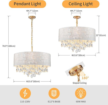 LumFurn X-Large 6-Light Drum Capiz Shell Crystal Chandeliers, Coastal Style Pendant Light Fixture for Dining Room, Living Room, D24 x H23~71 inch(Adjustable), Shell Lampshade & Gold Finish