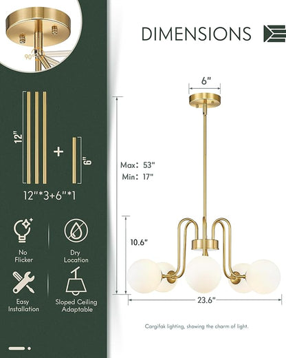 Gold Chandelier with Frosted Glass Globe, 6-Light Modern Pendant Light for Kitchen, Bedroom, Hallway, Living Room,CKPL4845-6P-PG