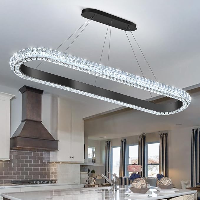 47'' Oval Ring Crystal Chandelier Modern LED Dimmable Ring Pendant Light Chandelier for Dining Room Living Room Black