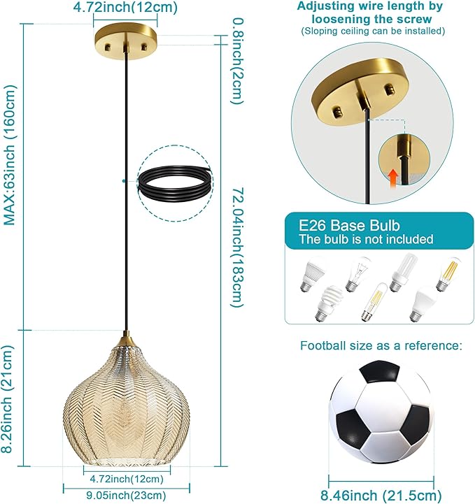 Amber Glass Gold Pendant Light, Farmhouse Kitchen Island Pendant Light Fixture Water Drop Shade, Adjustable Vintage Hanging Ceiling Light for Dining Room Corridor 1 Pack, UL Certification