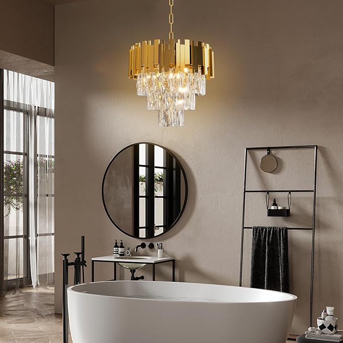 Modern Crystal Chandelier 16" Round K9 Crystal Ceiling Light Adjustable Gold 3-Tier Chandelier with 5 Lights Elegant Fixture for Dining Room Living Room Foyer